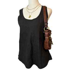 FLAX Black 100% Linen Short Sleeve Tunic Top Size Small EUC